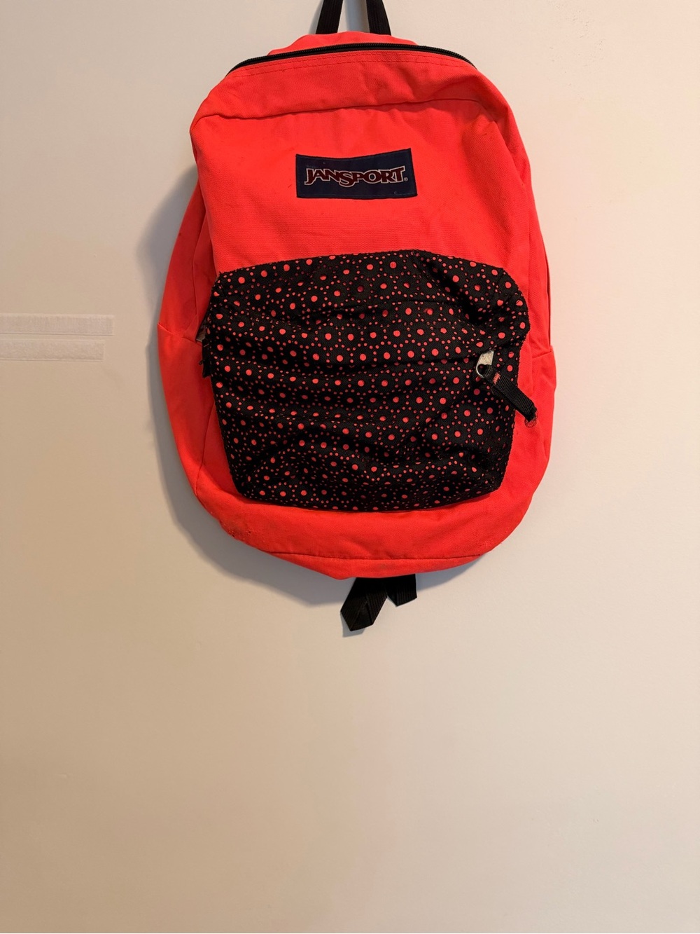 Jansport Bright Red Backpack with Black Polka-Dot Front Pocket